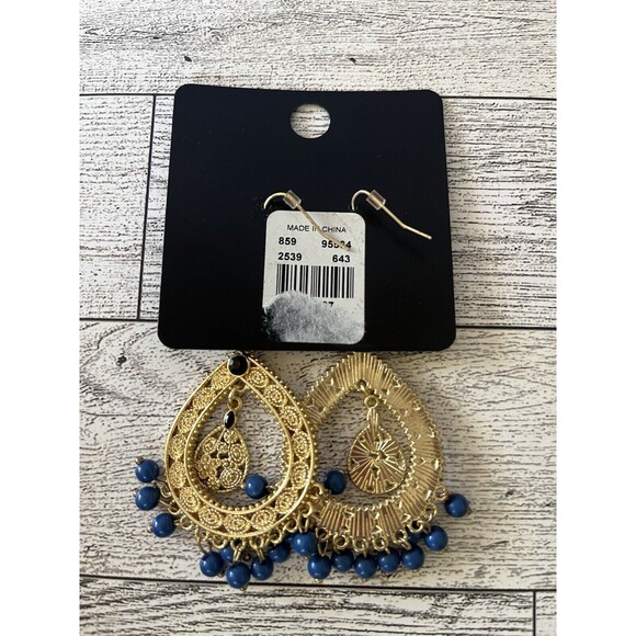 New York & Company Dangle Drop Earrings Gold Tone Blue Beads Fashion Jewelry - Picture 5 of 5